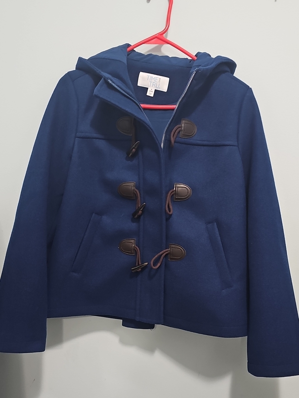 Women's New Time and Tru Blue Hooded Toggle Pea Coat Small